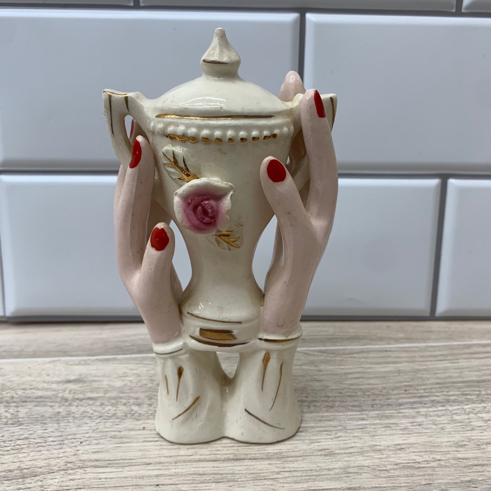 Vintage Ceramic Hands Holding‎ Vase with Rose Planter Japan Victorian